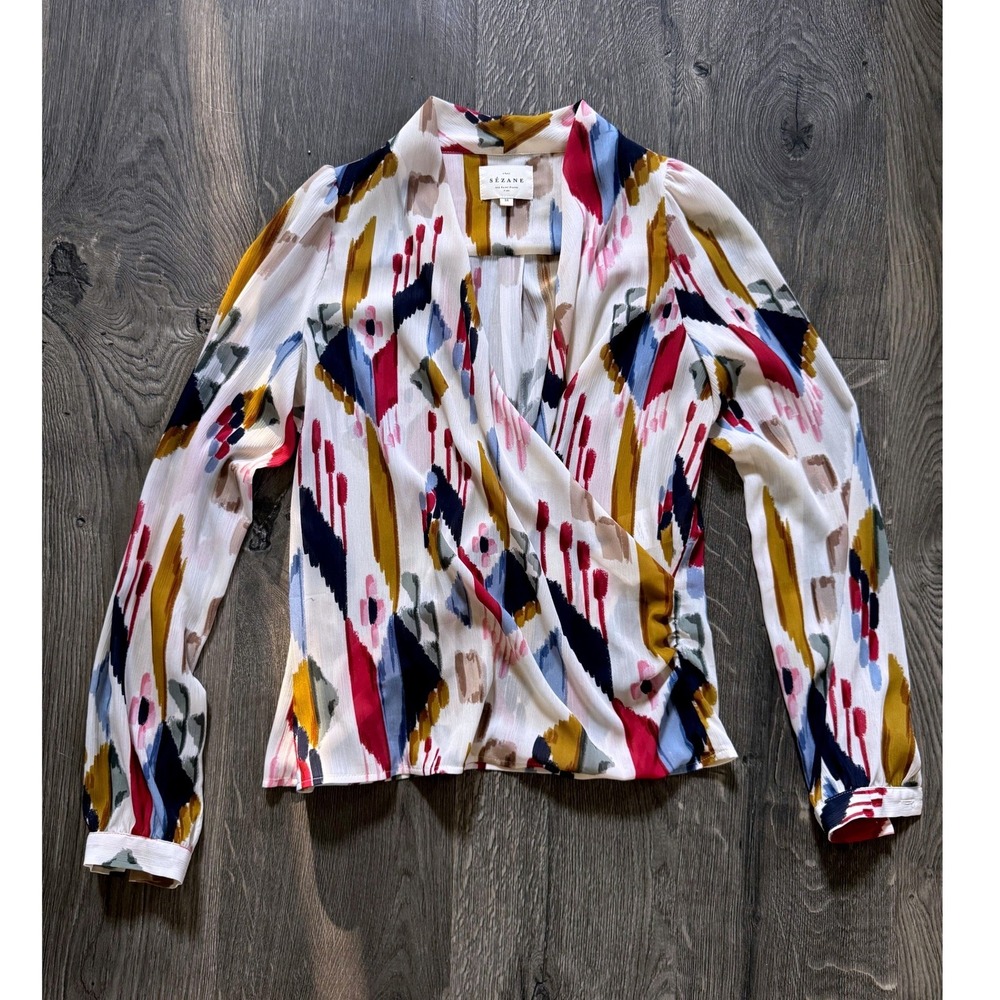 Sezane Abelia Blouse 34 US 2 Multi Abstract Ikat Print White Chiffon Top NWOT